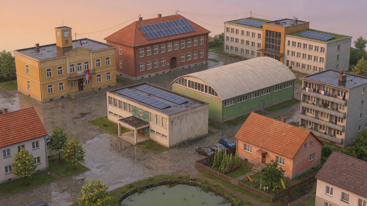Obec: úřad, škola, kulturák, tělocvična, bytovka, rodinný dům.