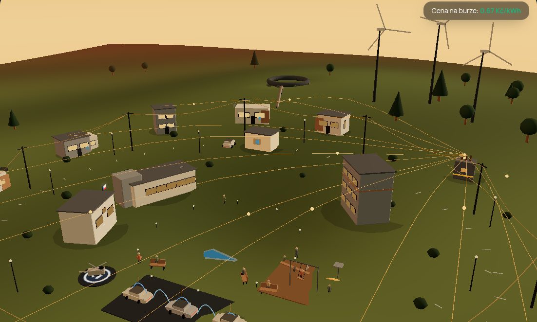 3D svět sdílené energie — moderní obec se solárními střechami, vodní elektrárnou a větrníky ve zlatém soumraku